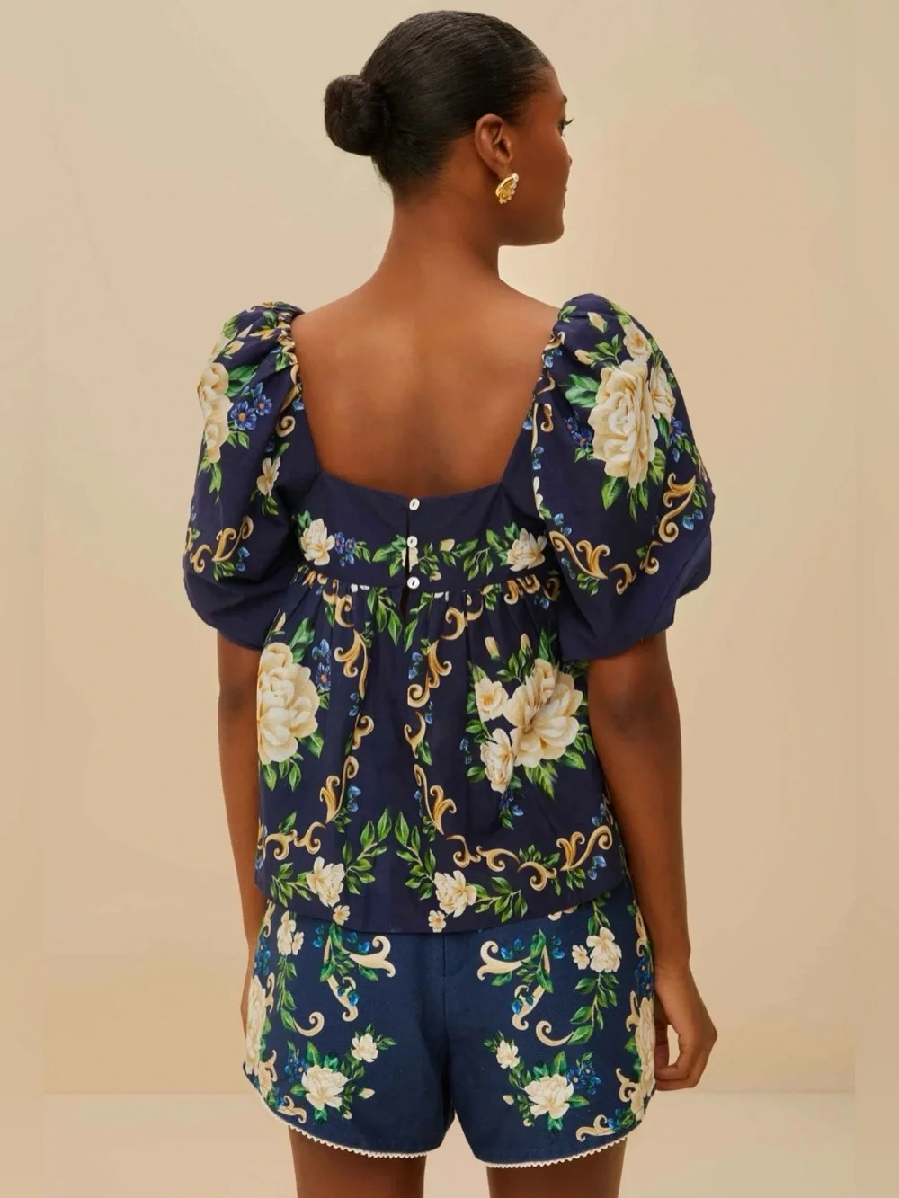 Farm Rio FLOWER TAPESTRY BLUE FLOWERED YOKE BLOUSE Size XSmall